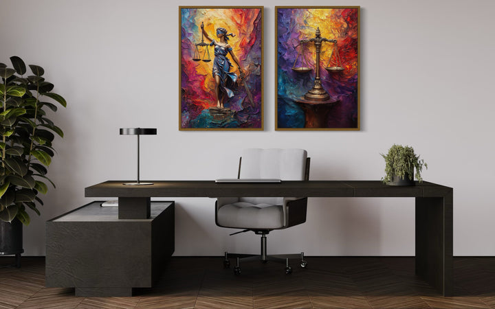 Lady Justice And Scales Of Justice Colorful Set Of 2 Law Firm Canvas Wall Art