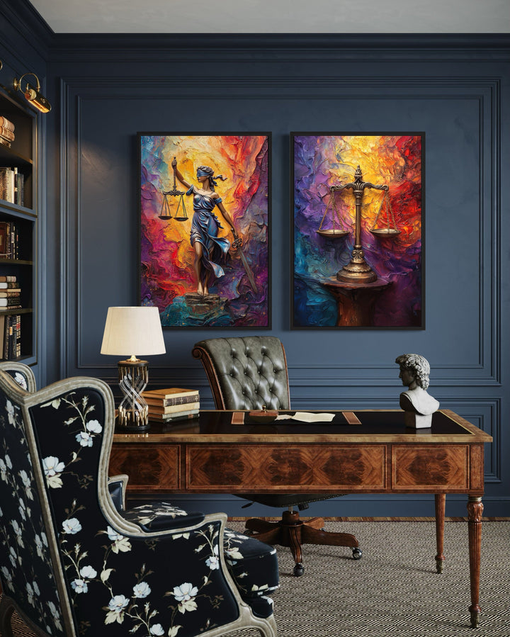 Lady Justice And Scales Of Justice Colorful Set Of 2 Law Firm Canvas Wall Art