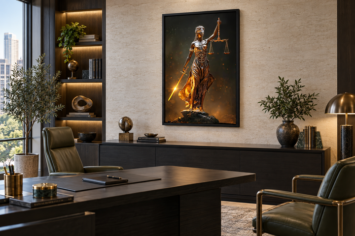 Golden Lady Justice framed canvas wall art hanging in a modern, professional law office.