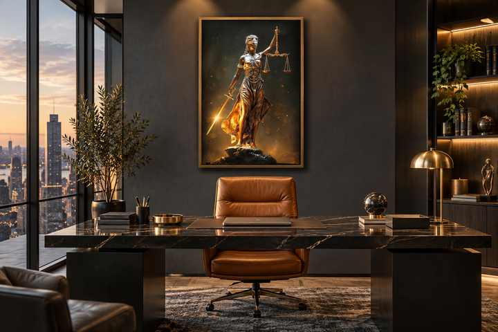 Golden Lady Justice framed canvas wall art hanging in a modern law office above a marble desk.