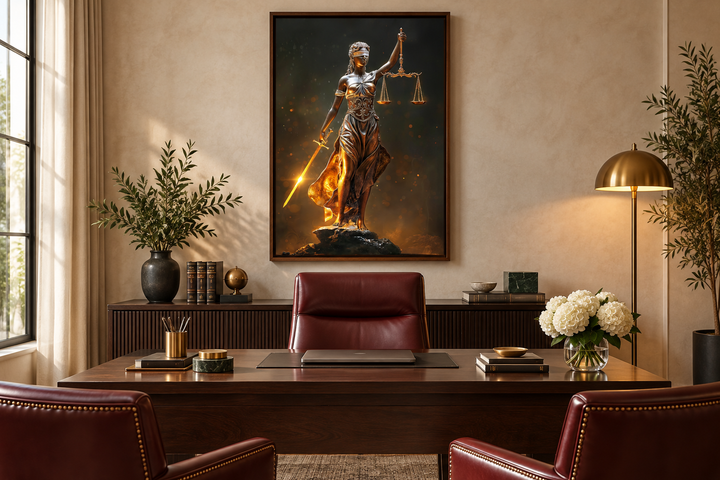 Golden Lady Justice framed canvas wall art hanging above a desk in a professional law office.