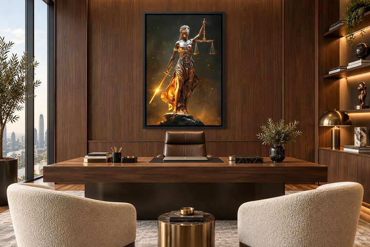 Golden Lady Justice framed canvas wall art hanging in a modern wood-paneled law office.