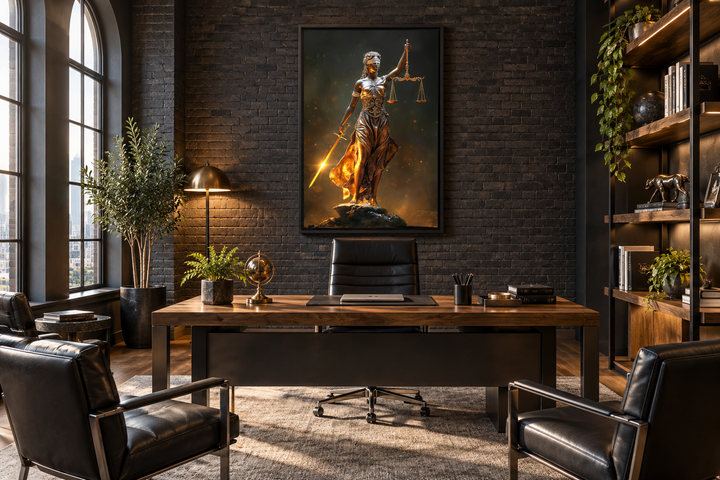 Golden Lady Justice framed canvas wall art hanging in a dark, modern law office above a wooden desk.