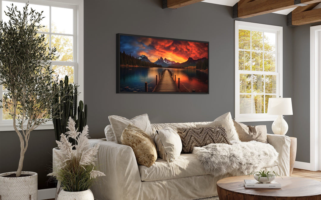 Lake And Fishing Pier Sunset Painting Framed Canvas Wall Art