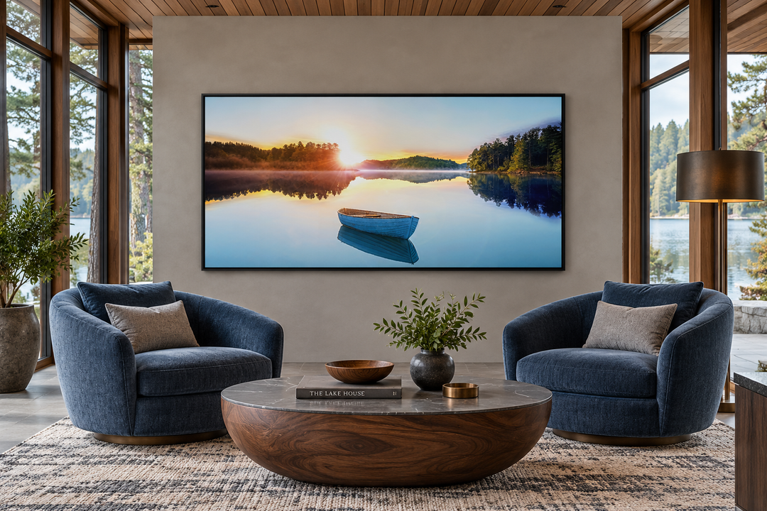Serene Lake Sunrise With Boat canvas wall art in a black frame above two blue armchairs.