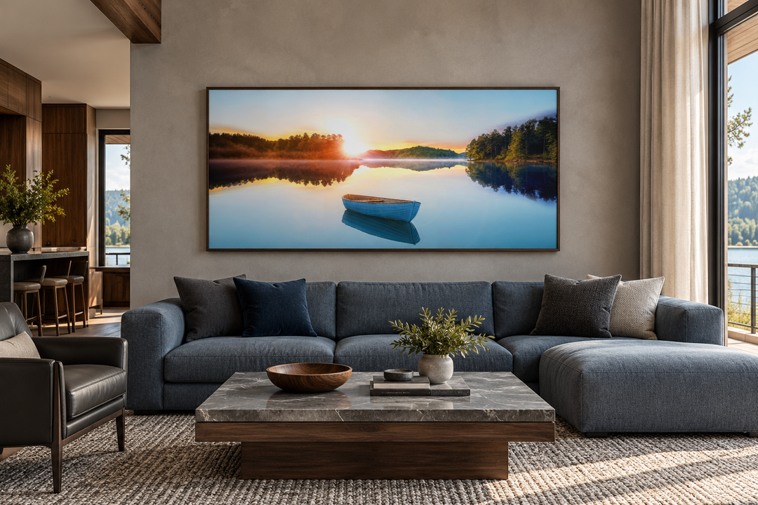 Serene Lake Sunrise With Boat canvas wall art in a modern living room above a blue sofa.