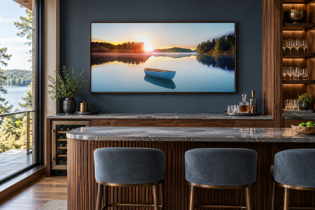 Serene Lake Sunrise With Boat canvas wall art in a walnut frame above a modern home bar.