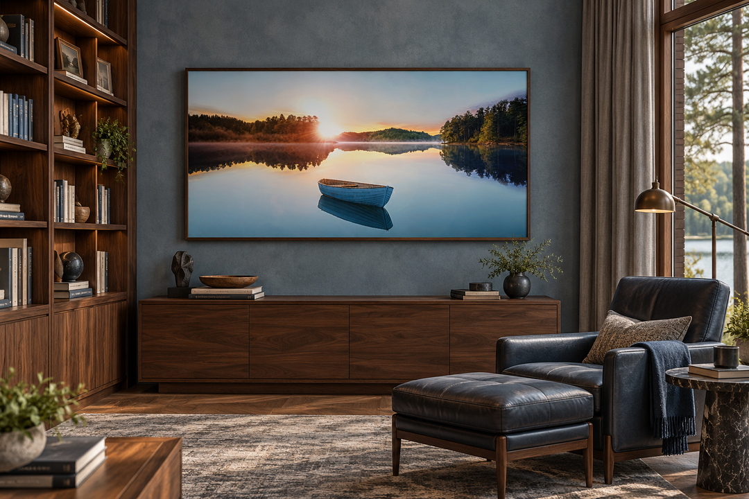 Serene Lake Sunrise With Boat canvas wall art in a walnut frame above a wooden console.