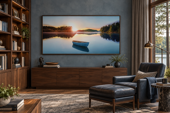 Serene Lake Sunrise With Boat canvas wall art in a walnut frame above a wooden console.