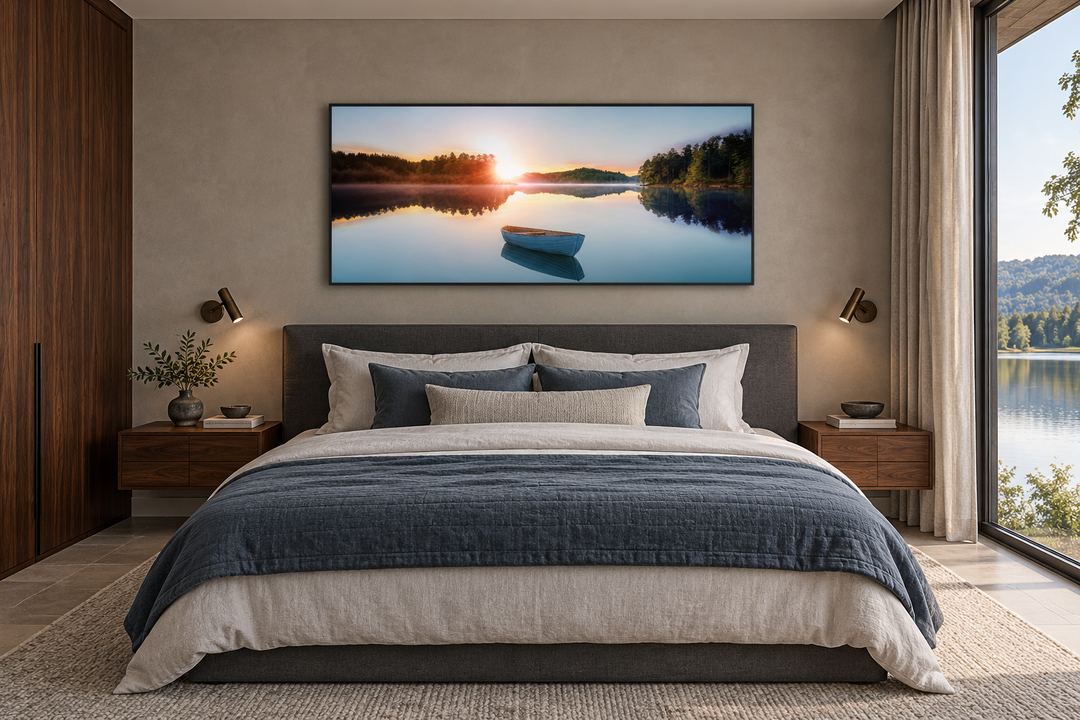 Serene Lake Sunrise With Boat canvas wall art above a bed in a modern lake house bedroom.