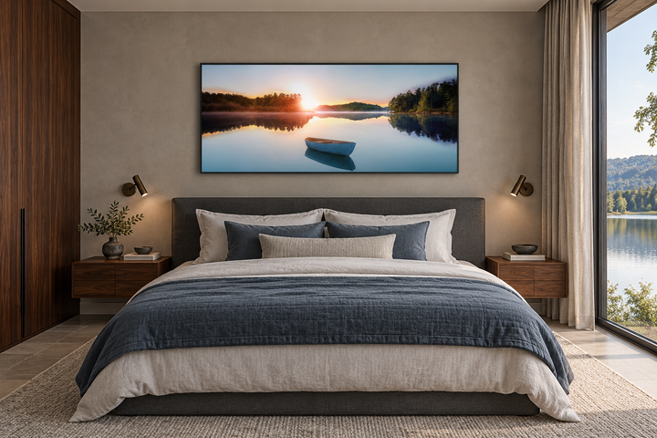 Serene Lake Sunrise With Boat canvas wall art above a bed in a modern lake house bedroom.