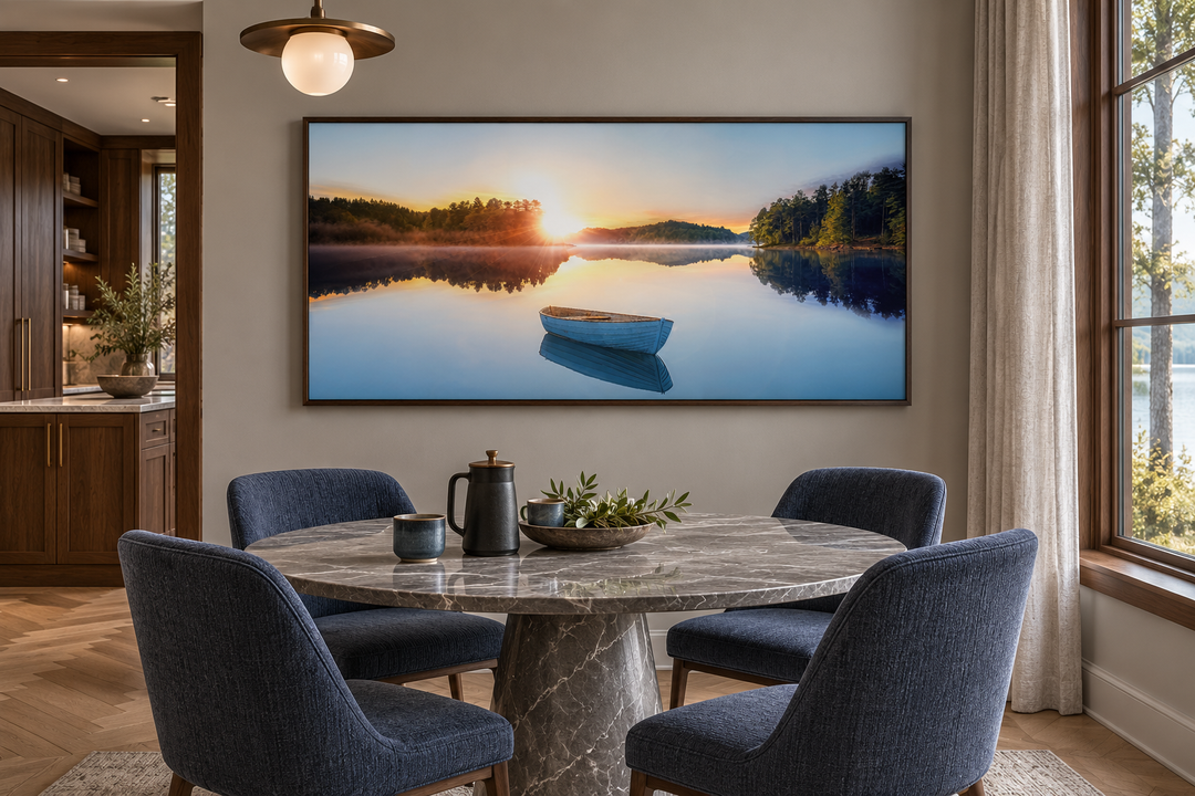 Serene Lake Sunrise With Boat canvas wall art in a modern dining room with a marble table.