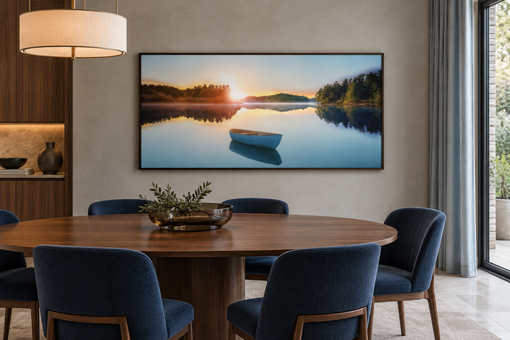 Serene Lake Sunrise With Boat canvas wall art in a walnut frame above a modern dining table.