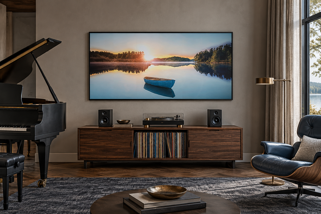 Serene Lake Sunrise With Boat canvas wall art in a black frame above a modern wooden media console.