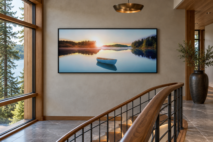 Serene Lake Sunrise With Boat canvas wall art in a black frame on a modern stair landing wall.