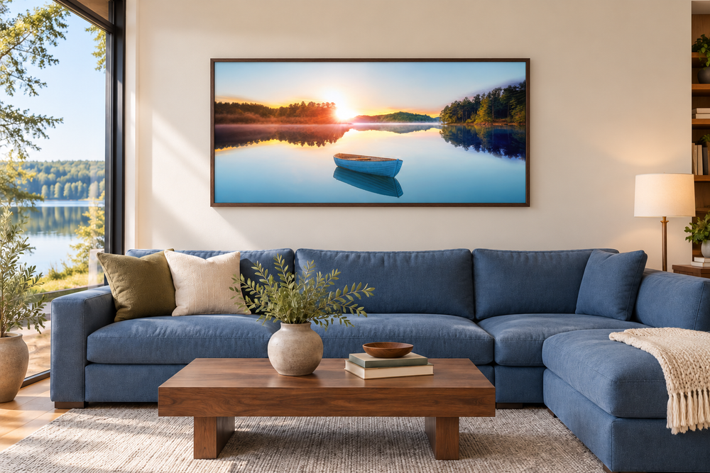 Serene Lake Sunrise With Boat canvas wall art in a walnut frame above a blue sectional sofa.