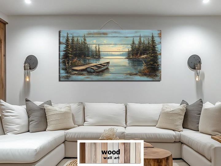 Lake Canoe And Dock Distressed Wood Wall Art