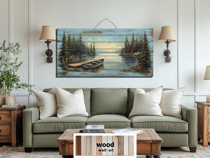 Lake Canoe And Dock Distressed Wood Wall Art
