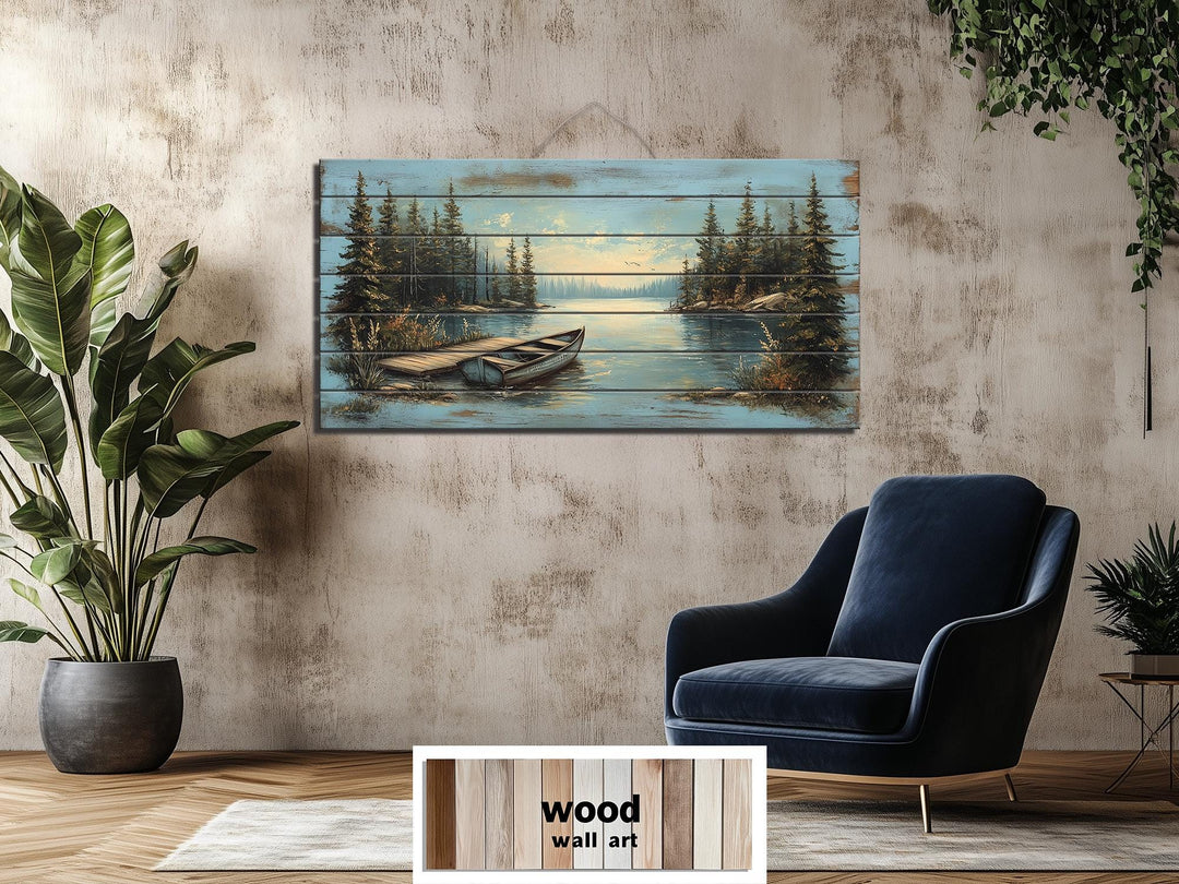 Lake Canoe And Dock Distressed Wood Wall Art
