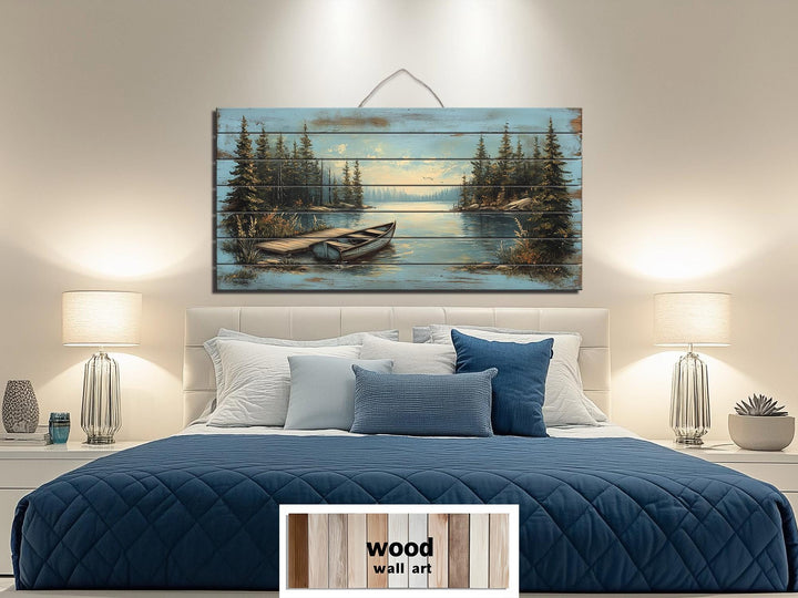 Lake Canoe And Dock Distressed Wood Wall Art
