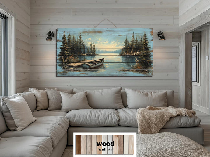 Lake Canoe And Dock Distressed Wood Wall Art