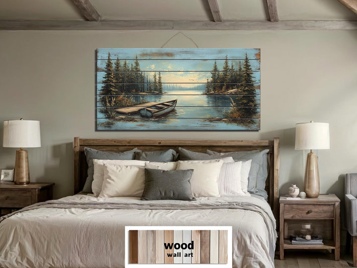 Lake Canoe And Dock Distressed Wood Wall Art