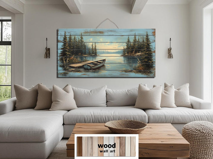 Lake Canoe And Dock Distressed Wood Wall Art