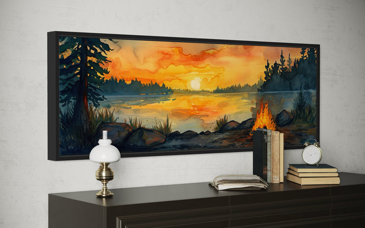 Rustic Cabin Wall Decor - Lake Forest Camping Landscape With Campfire Horizontal Wall Art