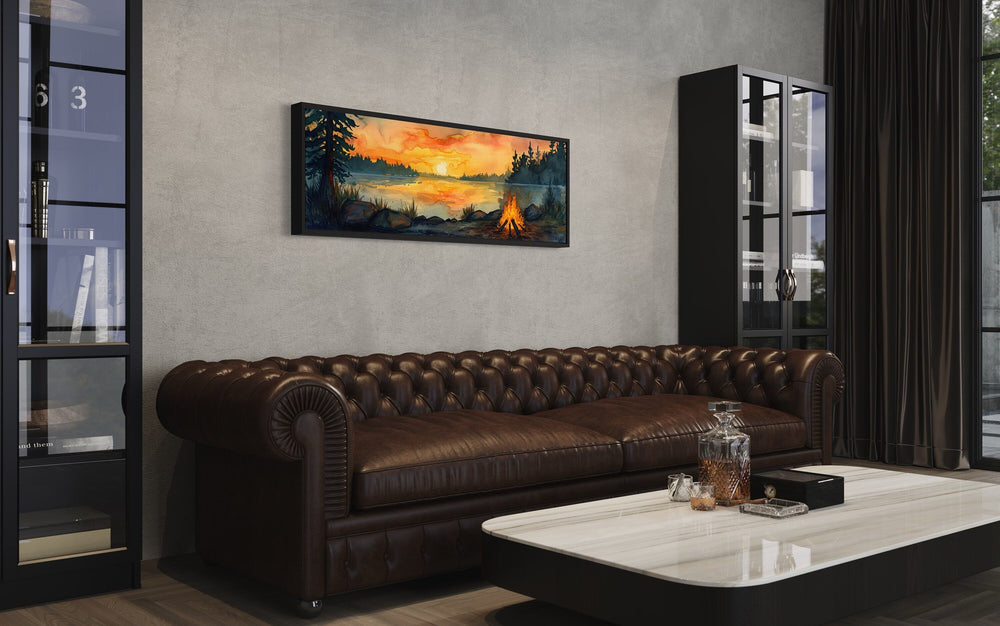 Lake Forest Camping Landscape With Campfire Horizontal Wall Art in man cave