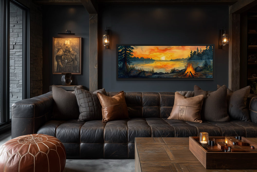 Lake Forest Camping Landscape With Campfire Horizontal Wall Art