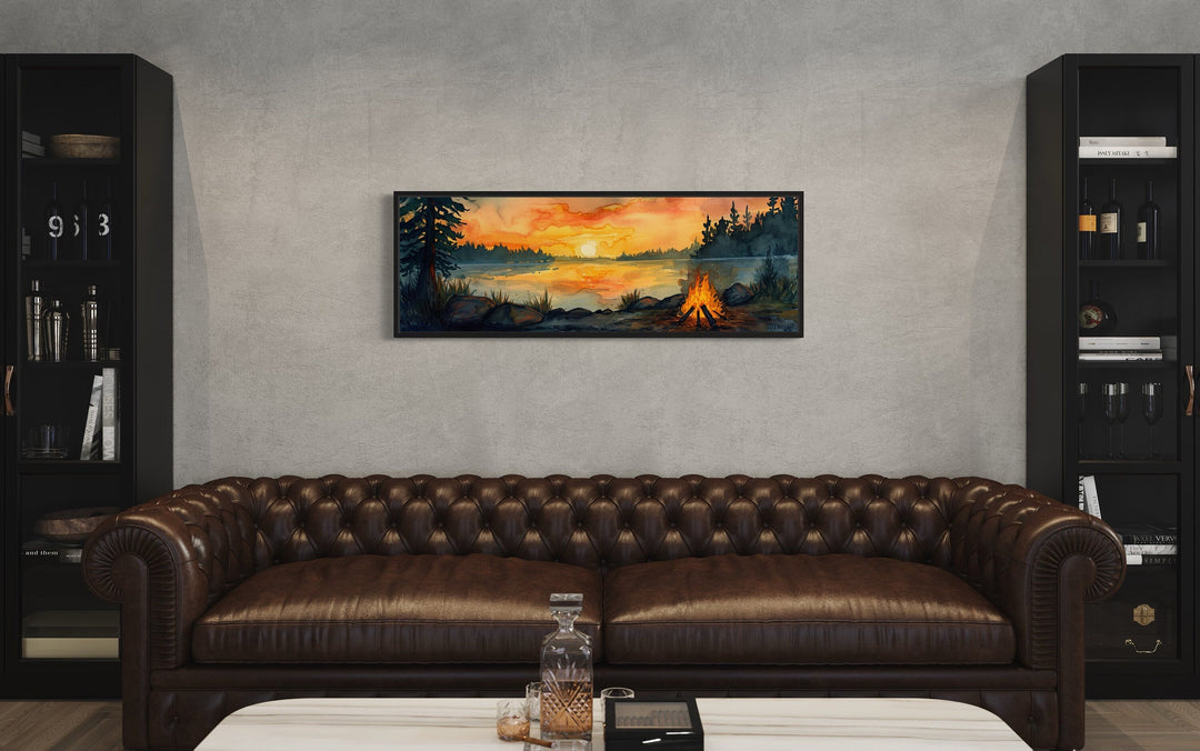 Lake Forest Camping Landscape With Campfire Horizontal Wall Art