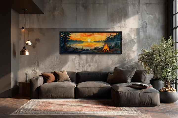 Lake Forest Camping Landscape With Campfire Horizontal Wall Art