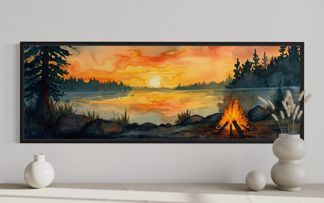 Lake Forest Camping Landscape With Campfire Horizontal Wall Art