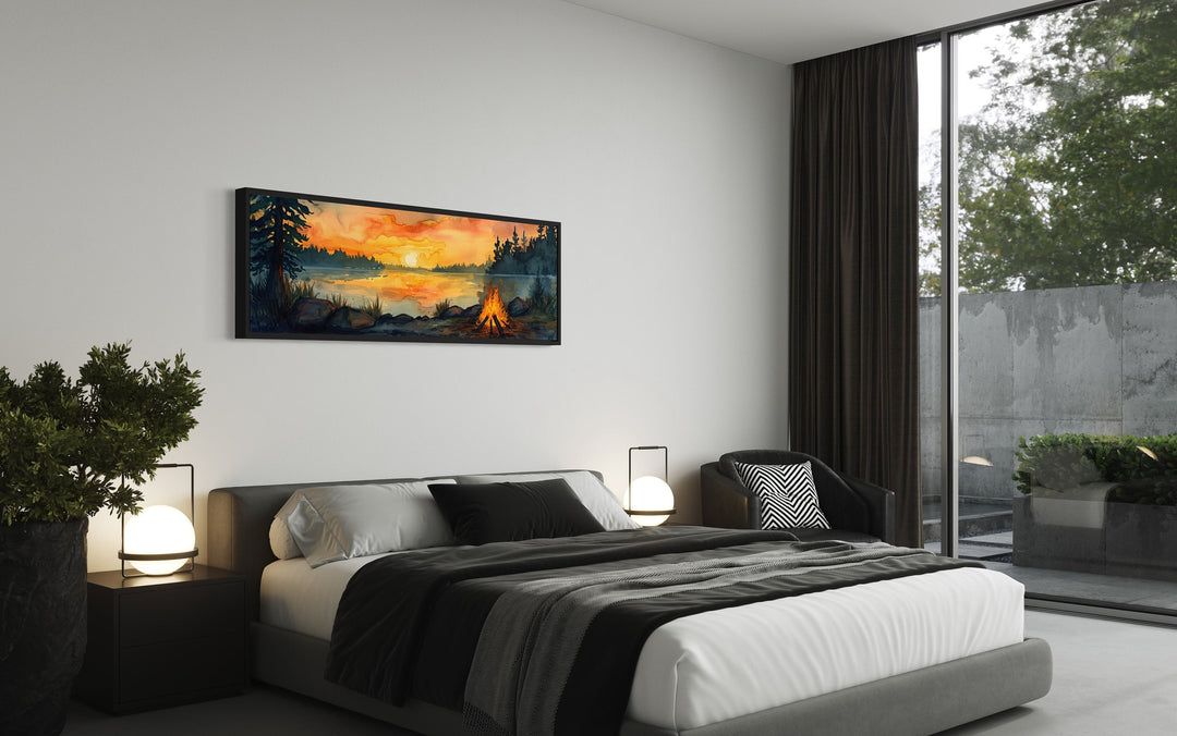 Lake Forest Camping Landscape With Campfire Horizontal Wall Art