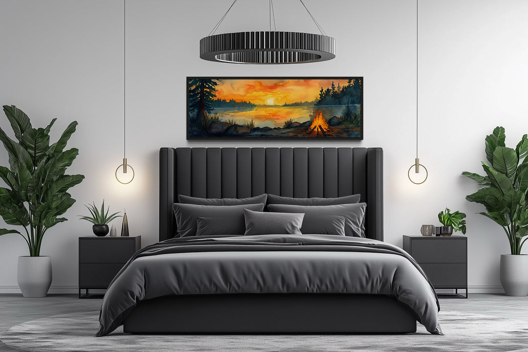 Lake Forest Camping Landscape With Campfire Horizontal Wall Art