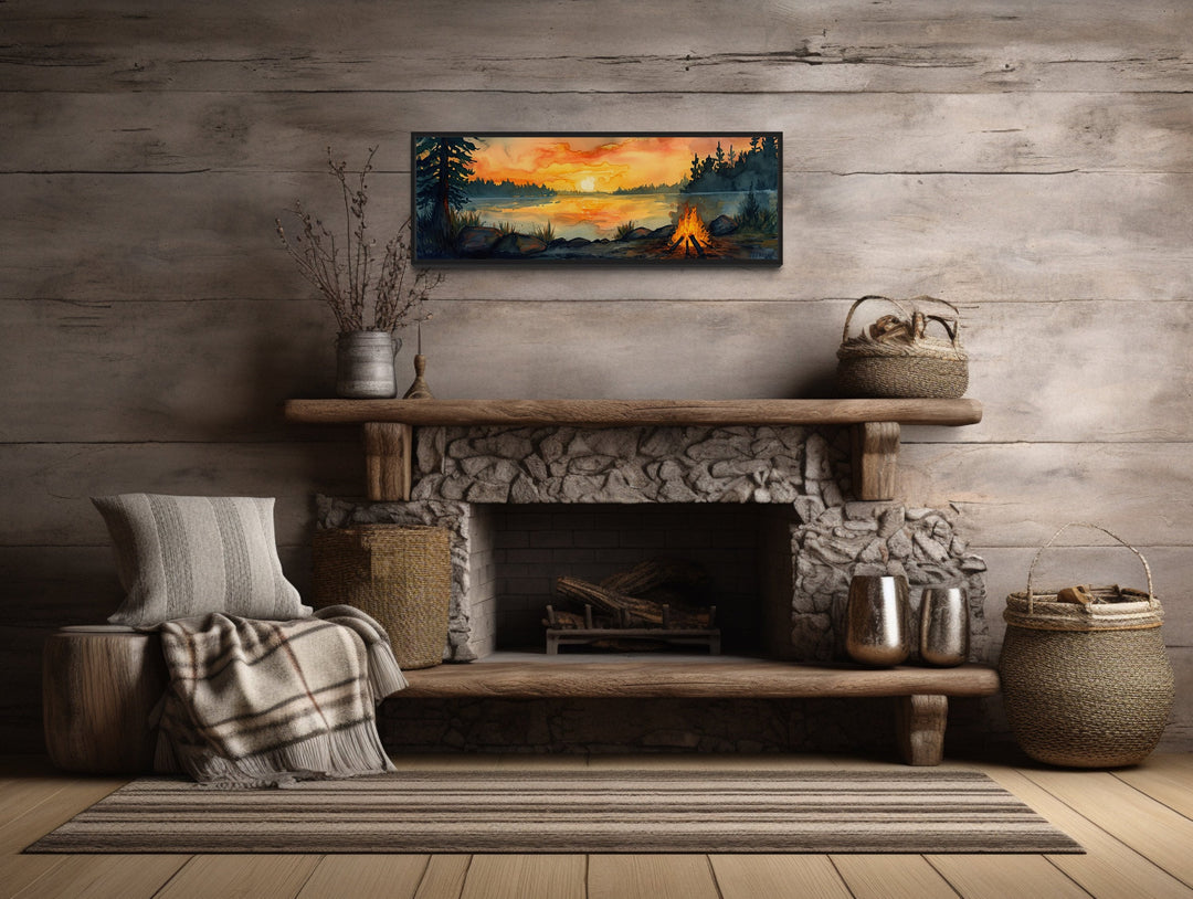 Lake Forest Camping Landscape With Campfire Horizontal Wall Art