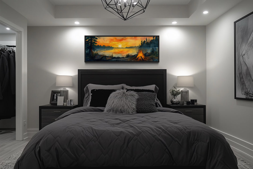 Lake Forest Camping Landscape With Campfire Horizontal Wall Art