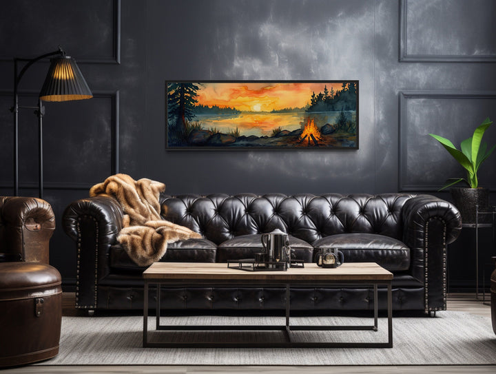 Lake Forest Camping Landscape With Campfire Horizontal Wall Art