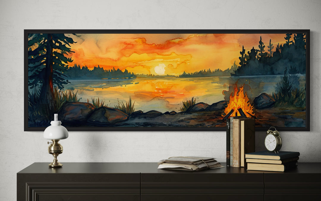 Rustic Cabin Wall Decor - Lake Forest Camping Landscape With Campfire Horizontal Wall Art