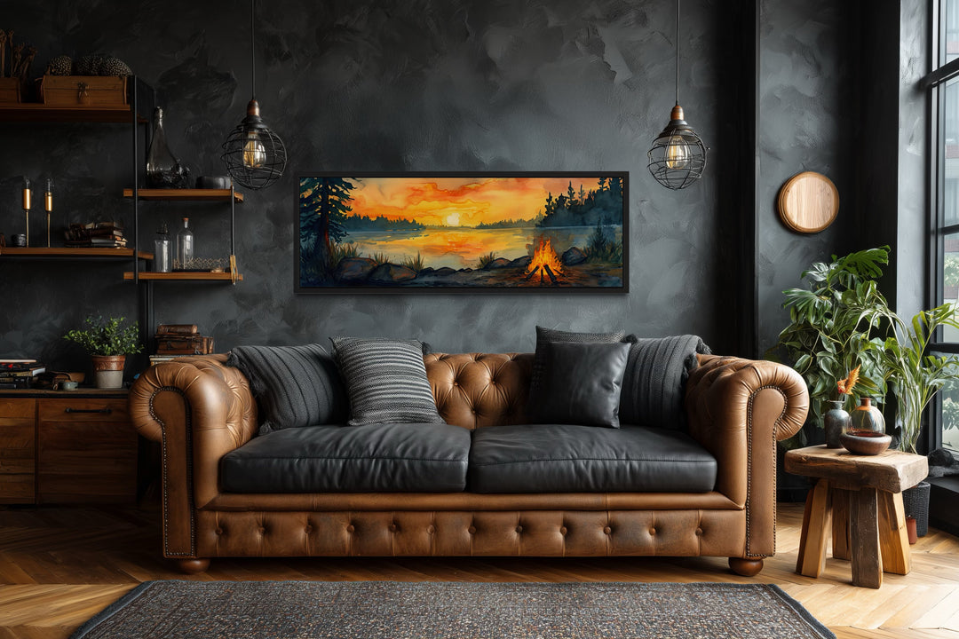 Lake Forest Camping Landscape With Campfire Horizontal Wall Art
