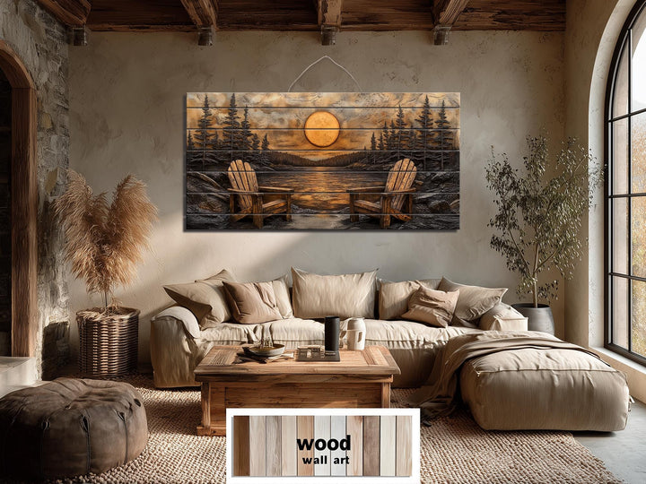 Rustic wood wall art featuring Adirondack chairs by a sunset lake in a cozy cabin living room.