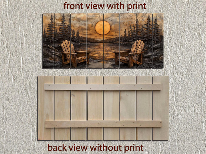 Rustic wood wall art featuring a sunset lake scene with Adirondack chairs and pine trees.