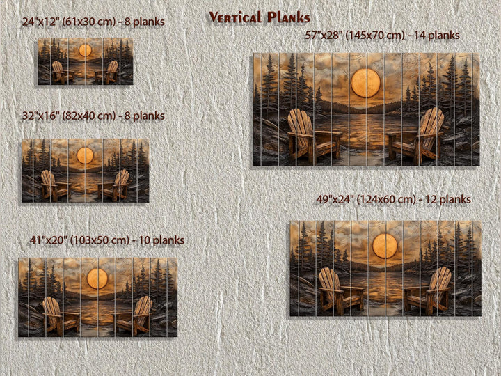 Rustic wood wall art featuring Adirondack chairs at sunset, shown in five different vertical plank sizes.