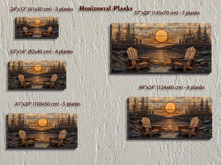 Rustic wood wall art featuring Adirondack chairs by a sunset lake in five horizontal plank sizes.