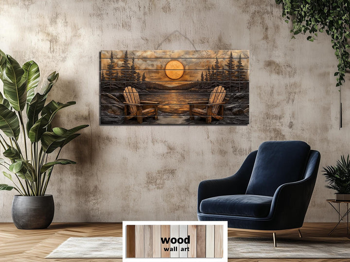 Rustic wood wall art featuring Adirondack chairs by a sunset lake in a cozy living room setting.