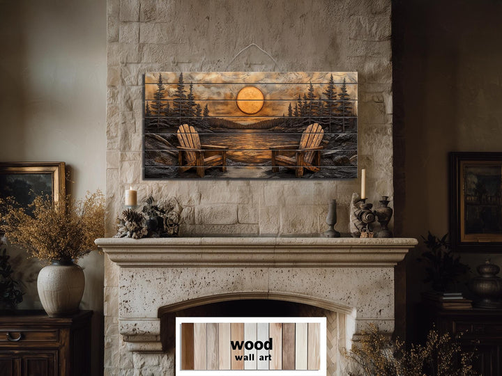 Rustic wood wall art featuring Adirondack chairs by a lake at sunset above a stone fireplace.