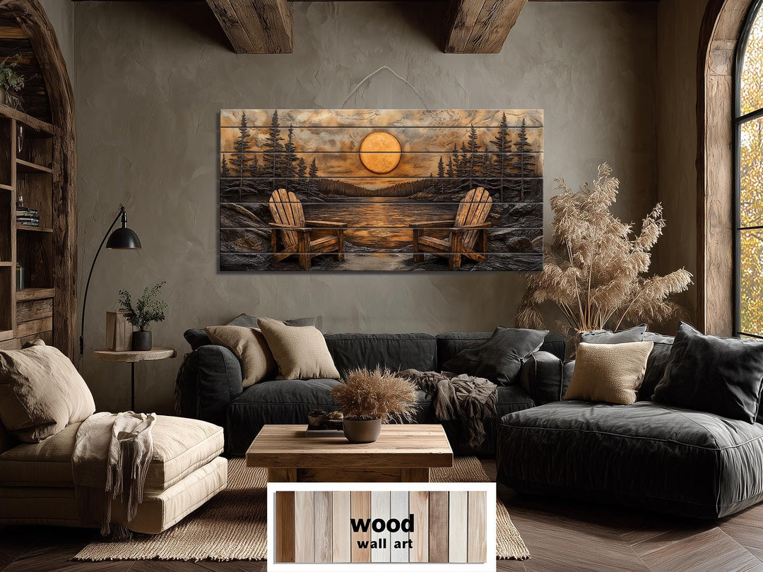 Rustic wood wall art featuring Adirondack chairs by a sunset lake in a cozy, modern living room.