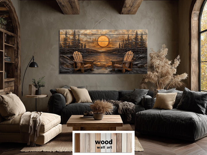 Rustic wood wall art featuring Adirondack chairs by a sunset lake in a cozy, modern living room.