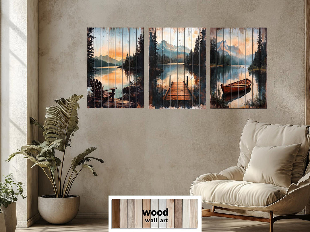 Lake House Distressed Wood Wall Art Set of 3 – Adirondack Chair, Fishing Dock, and Canoe on Mountain Lake