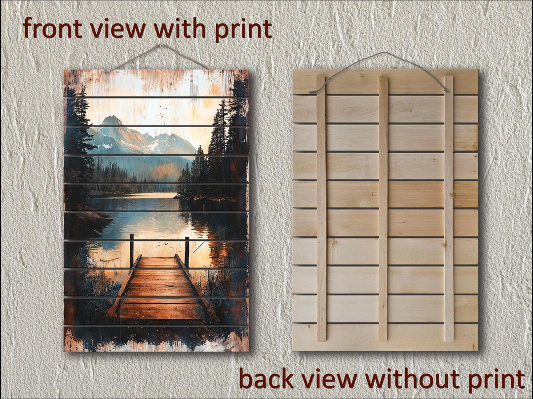 Lake House Distressed Wood Wall Art Set of 3 – Adirondack Chair, Fishing Dock, and Canoe on Mountain Lake